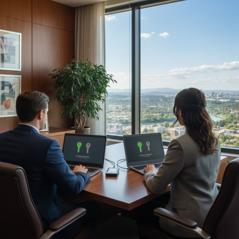 two coworkers verifying a multisignature transaction